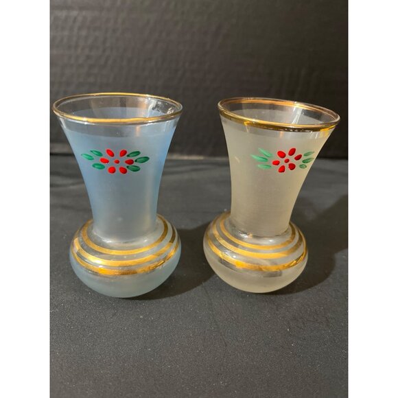 Hand Painted Bartlett Collin’s Bud Vases Gold Gilt Red Flowers Frosted Set of 2 - Picture 7 of 7
